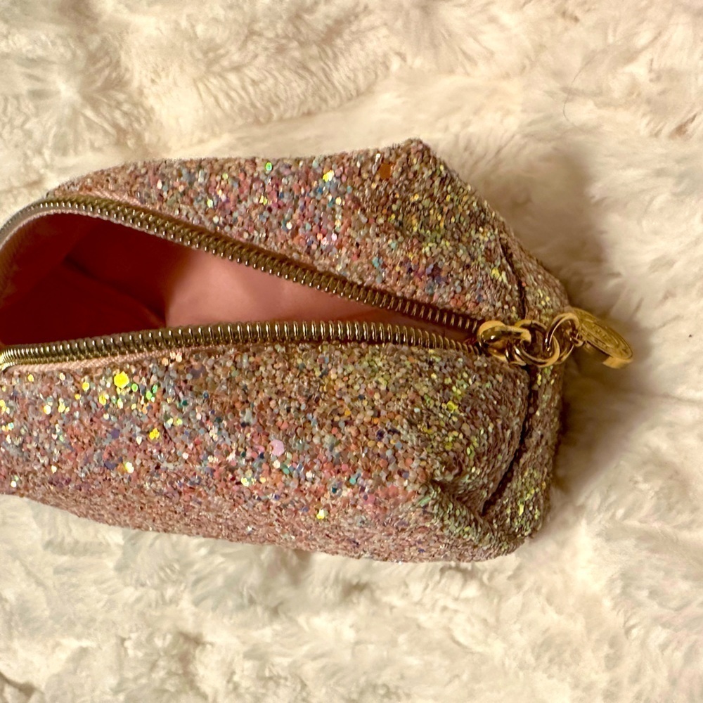 Bath & Body Works Pink White Gold Glitter Bling Zip Makeup Cosmetic Bag Case New